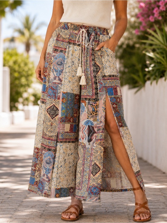 Pants - Boho Patchwork Split Leg Palazzo Pants Large Wide Leg Resort Festival